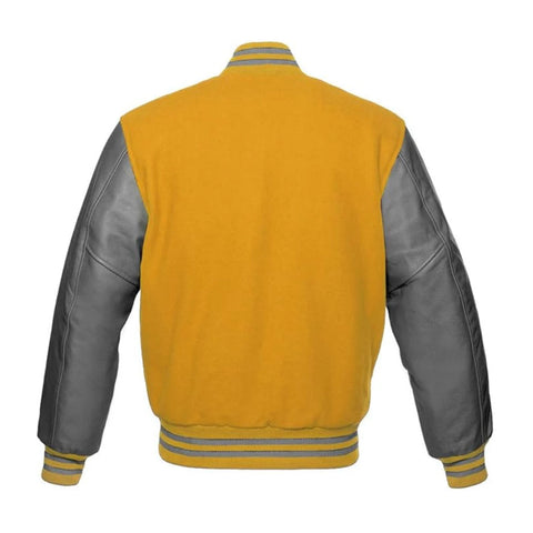 Gold Wool and Grey Leather Varsity Jacket Back Side