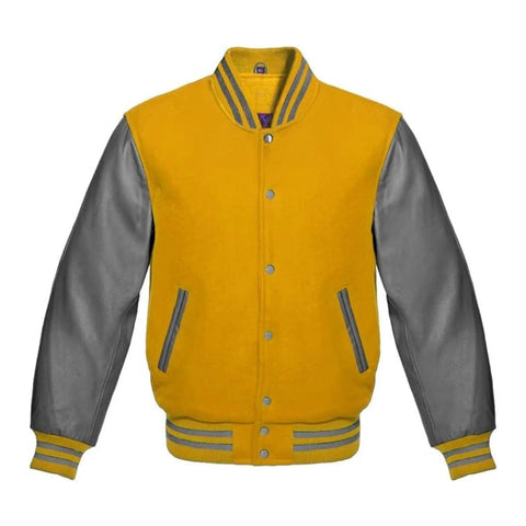 Gold Wool and Grey Leather Varsity Jacket