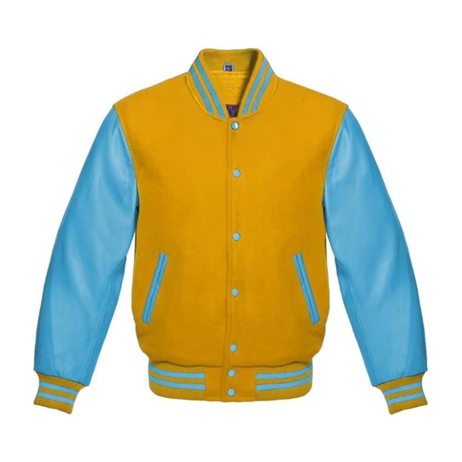 Gold Wool and Sky Leather Varsity Jacket
