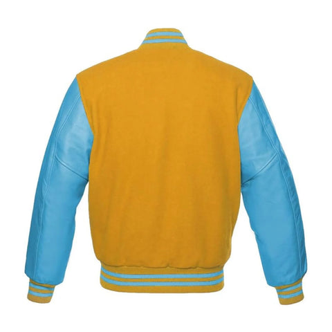 Gold Wool and Sky Leather Varsity Jacket Back Side