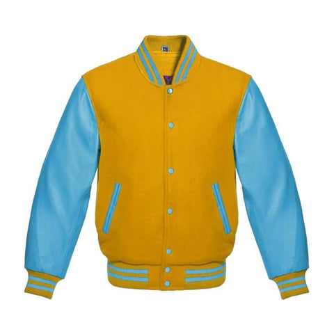 Gold Wool and Sky Leather Varsity Jacket