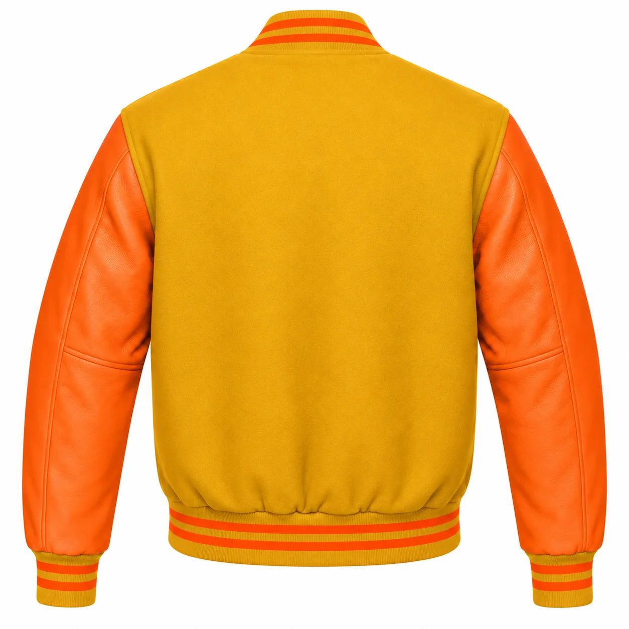 Gold and Orange Varsity Jacket with Wool Body and Leather Sleeves Back View