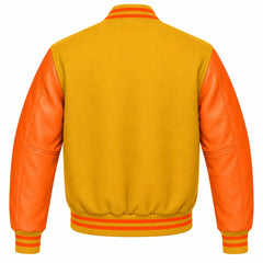 Gold and Orange Varsity Jacket with Wool Body and Leather Sleeves Back View