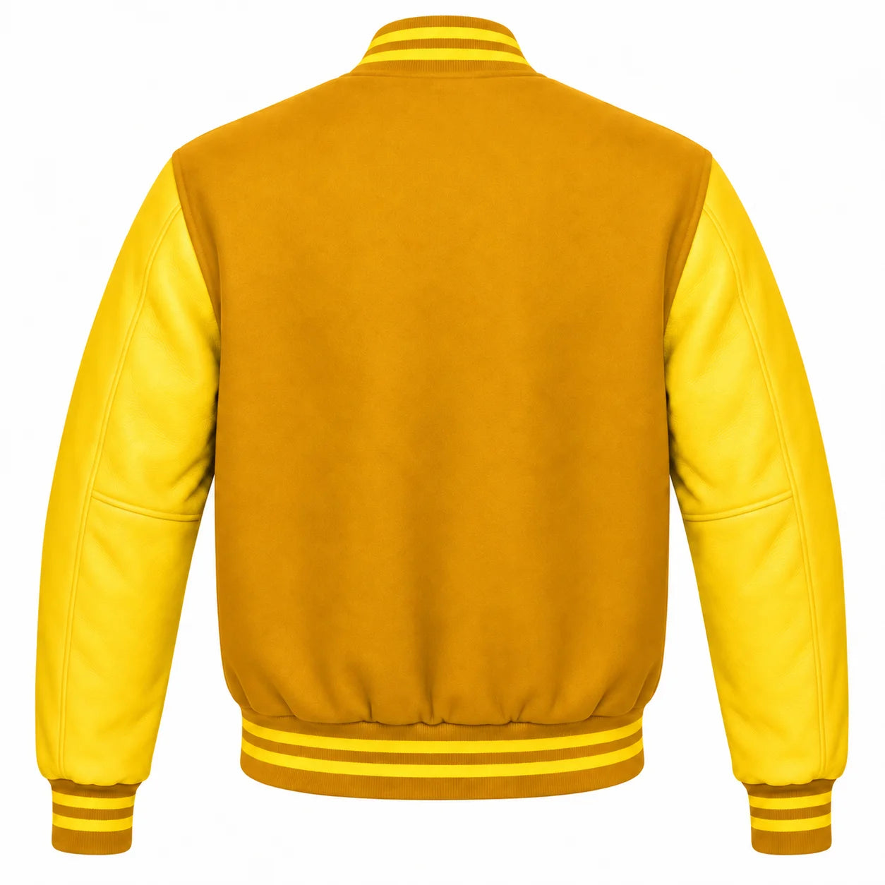 Gold and Yellow Varsity Jacket with wool Body and Leather Sleeves Back View