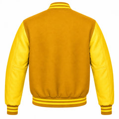 Gold and Yellow Varsity Jacket with wool Body and Leather Sleeves Back View