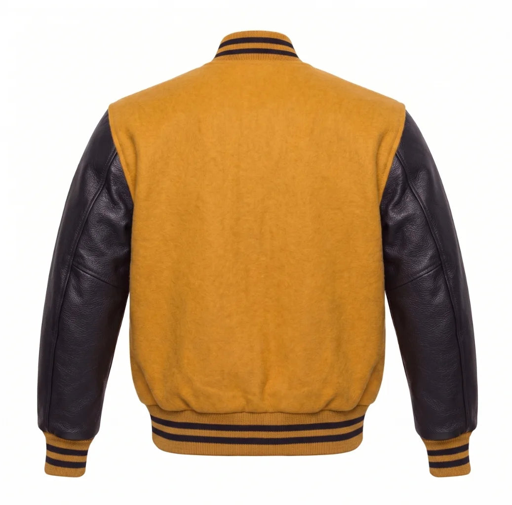 Gold and Black Varsity Jacket with Wool Body and Leather Sleeves Back View