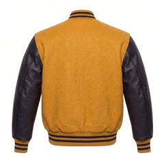 Gold and Black Varsity Jacket with Wool Body and Leather Sleeves Back View