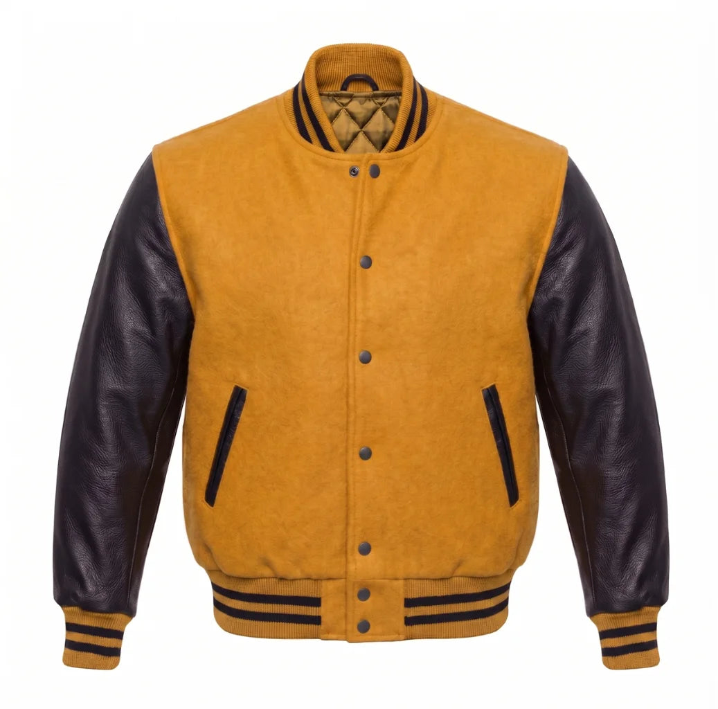 Gold and Black Varsity Jacket with Wool Body and Leather Sleeves
