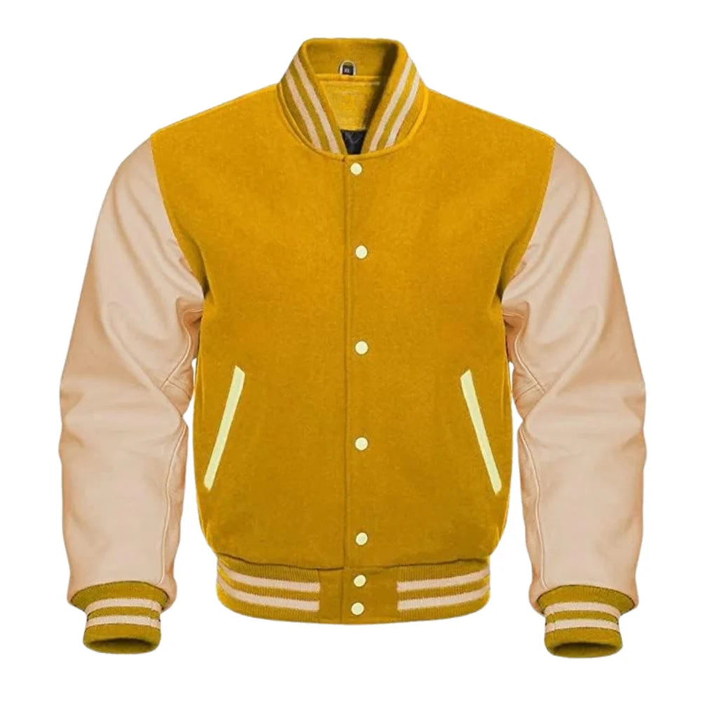 Gold and Cream Varsity Jacket with Wool Body and Leather Sleeves