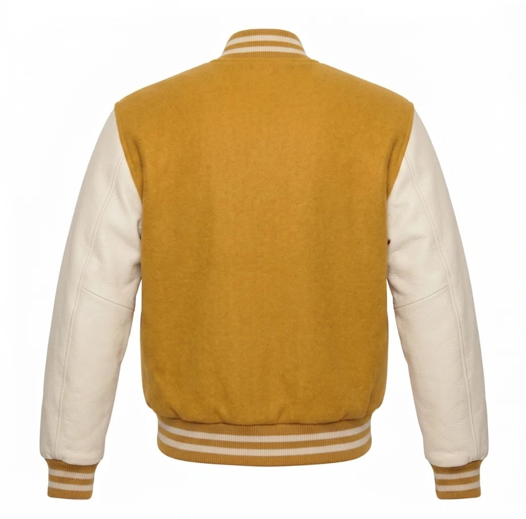 Gold and Cream Varsity Jacket with Wool Body and Leather Sleeves Back View