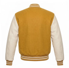Gold and Cream Varsity Jacket with Wool Body and Leather Sleeves Back View