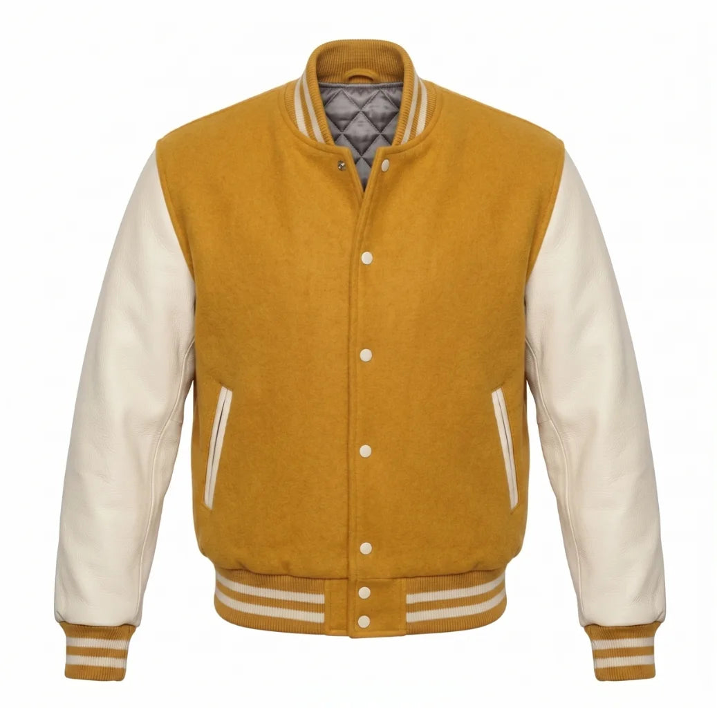 Gold and Cream Varsity Jacket with Wool Body and Leather Sleeves