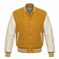 Gold and Cream Varsity Jacket with Wool Body and Leather Sleeves