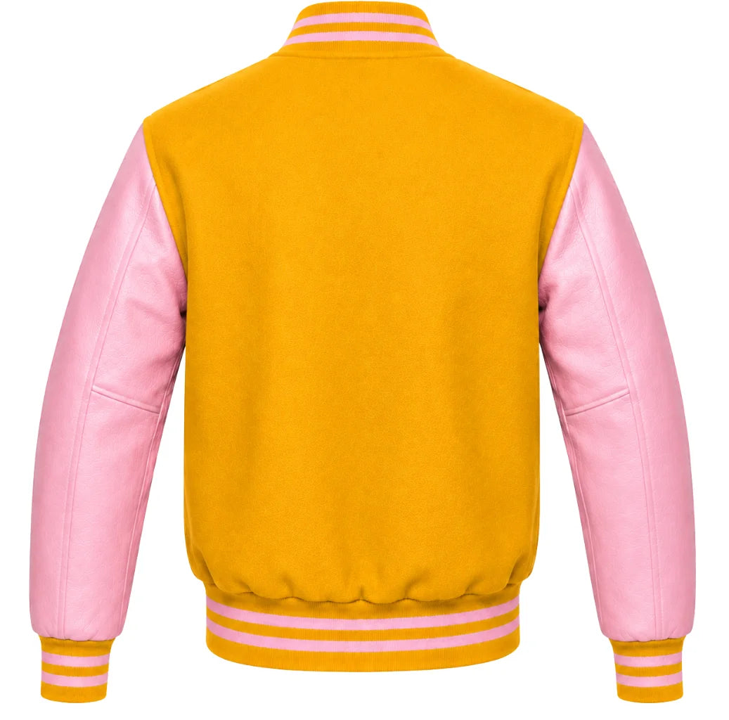 Gold wool varsity jacket with pink leather sleeves, back view