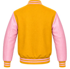 Gold wool varsity jacket with pink leather sleeves, back view
