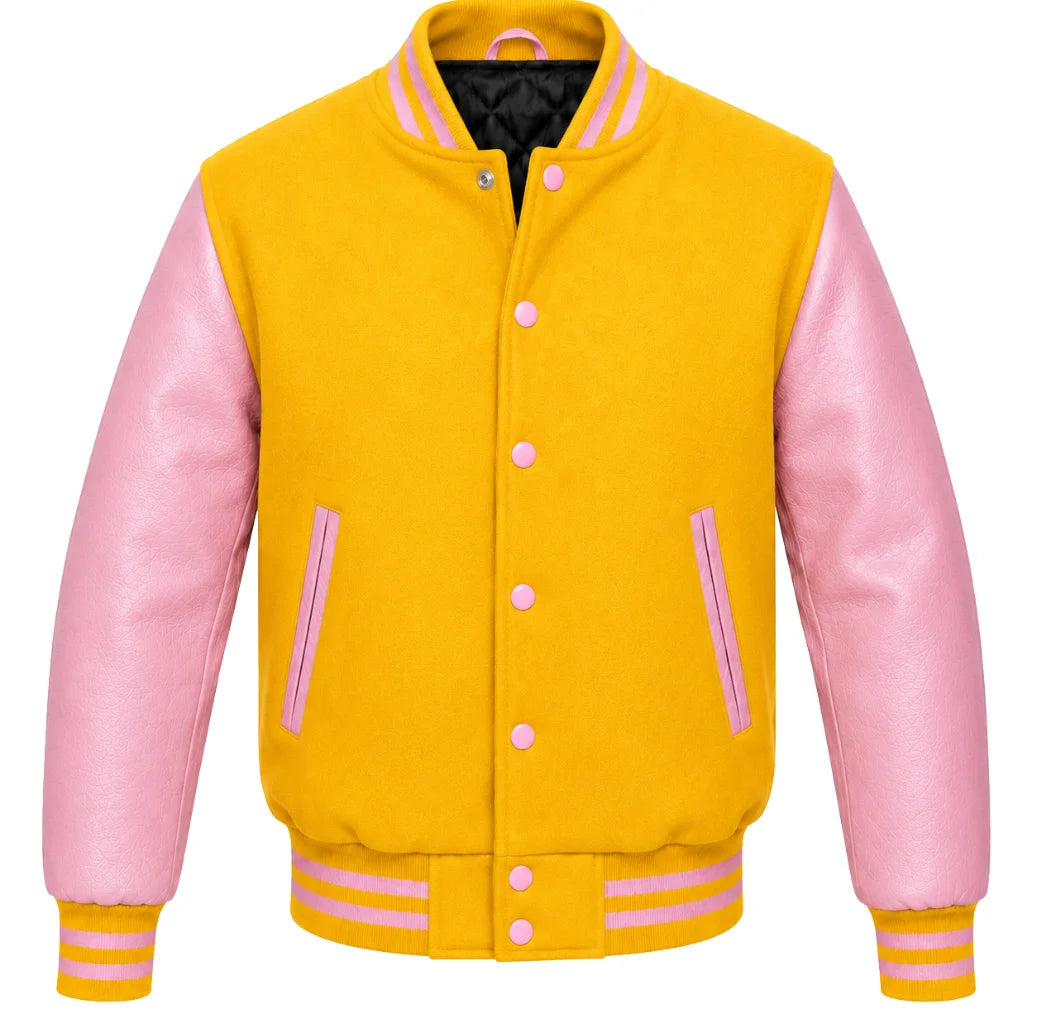 Gold melton wool varsity jacket with pink cowhide leather sleeves, front view