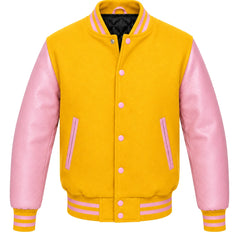 Gold melton wool varsity jacket with pink cowhide leather sleeves, front view