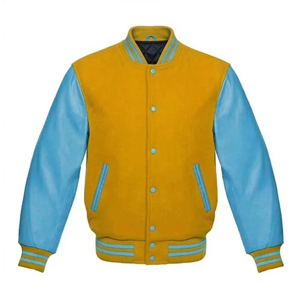 Gold and Sky Blue Varsity Jacket with Wool Body and Leather Sleeves