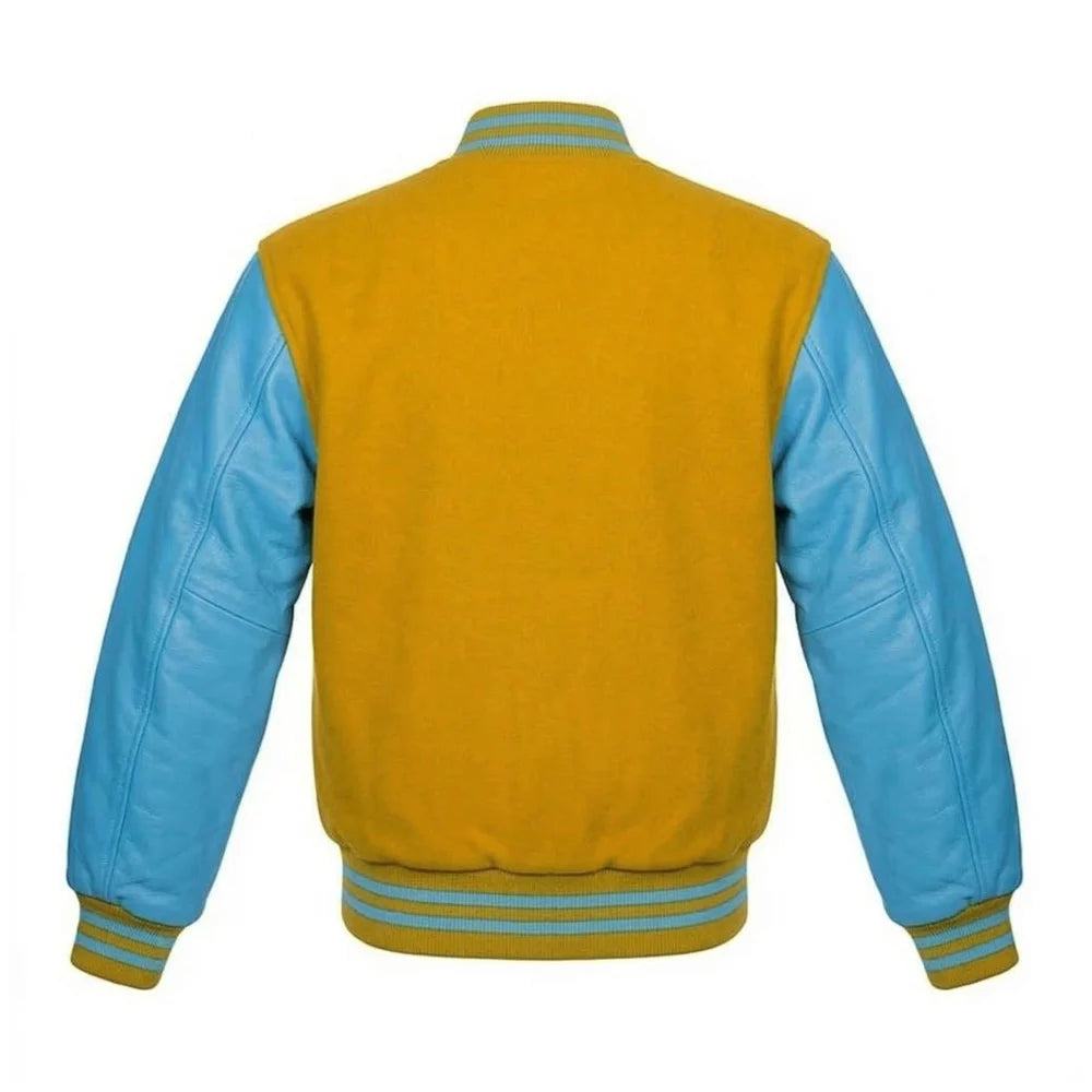 Gold and Sky Blue Varsity Jacket with Wool Body and Leather Sleeves Back Side