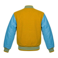 Gold and Sky Blue Varsity Jacket with Wool Body and Leather Sleeves Back Side