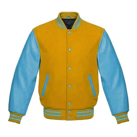 Gold and Sky Blue Varsity Jacket with Wool Body and Leather Sleeves