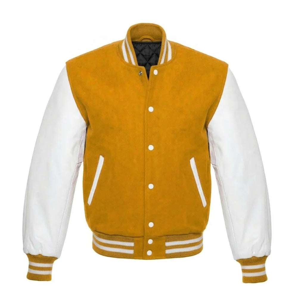 Gold and White Varsity Jacket with Wool Body and Leather Sleeves