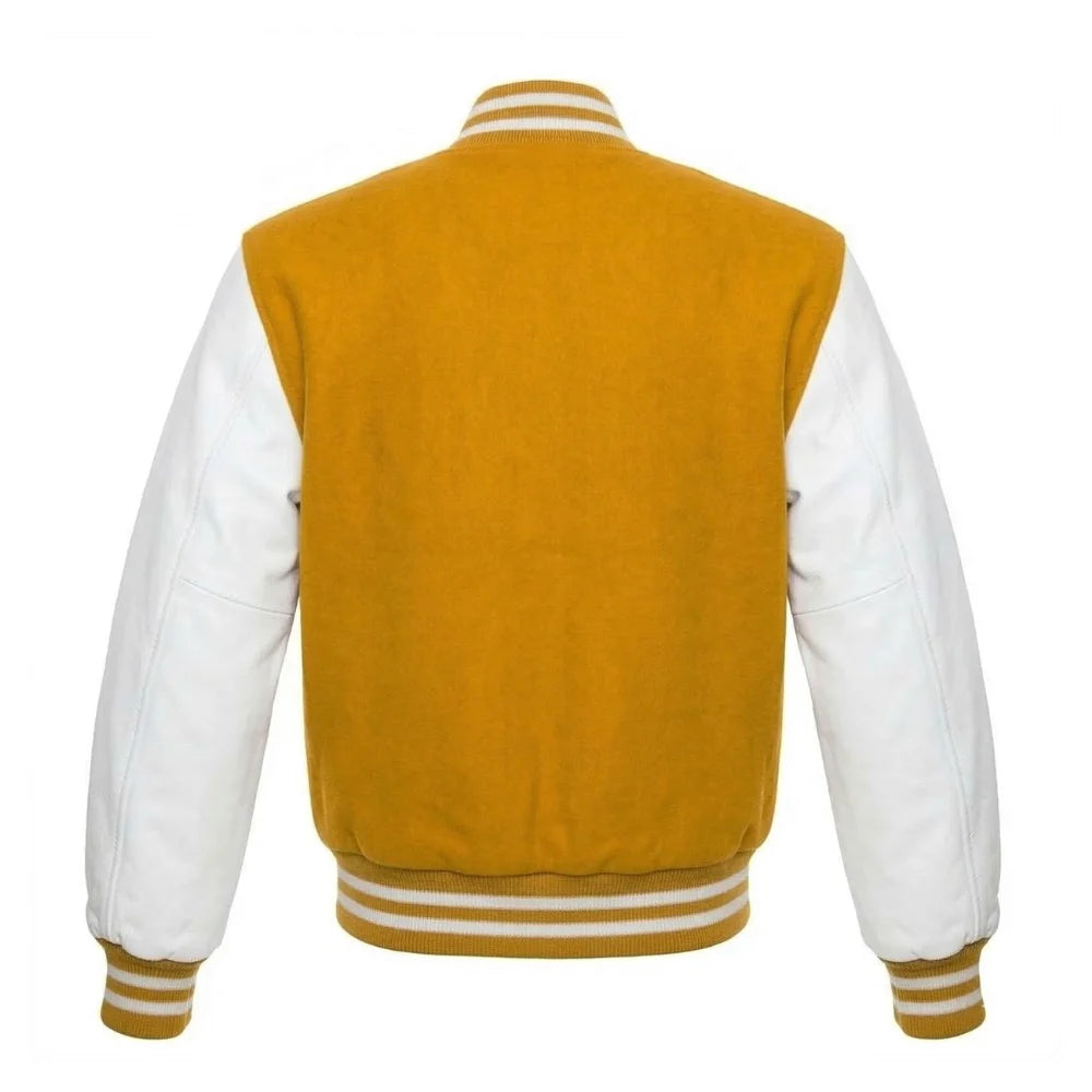 Gold and White Varsity Jacket with Wool Body and Leather Sleeves Back Side
