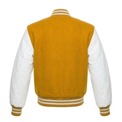 Gold and White Varsity Jacket with Wool Body and Leather Sleeves Back Side