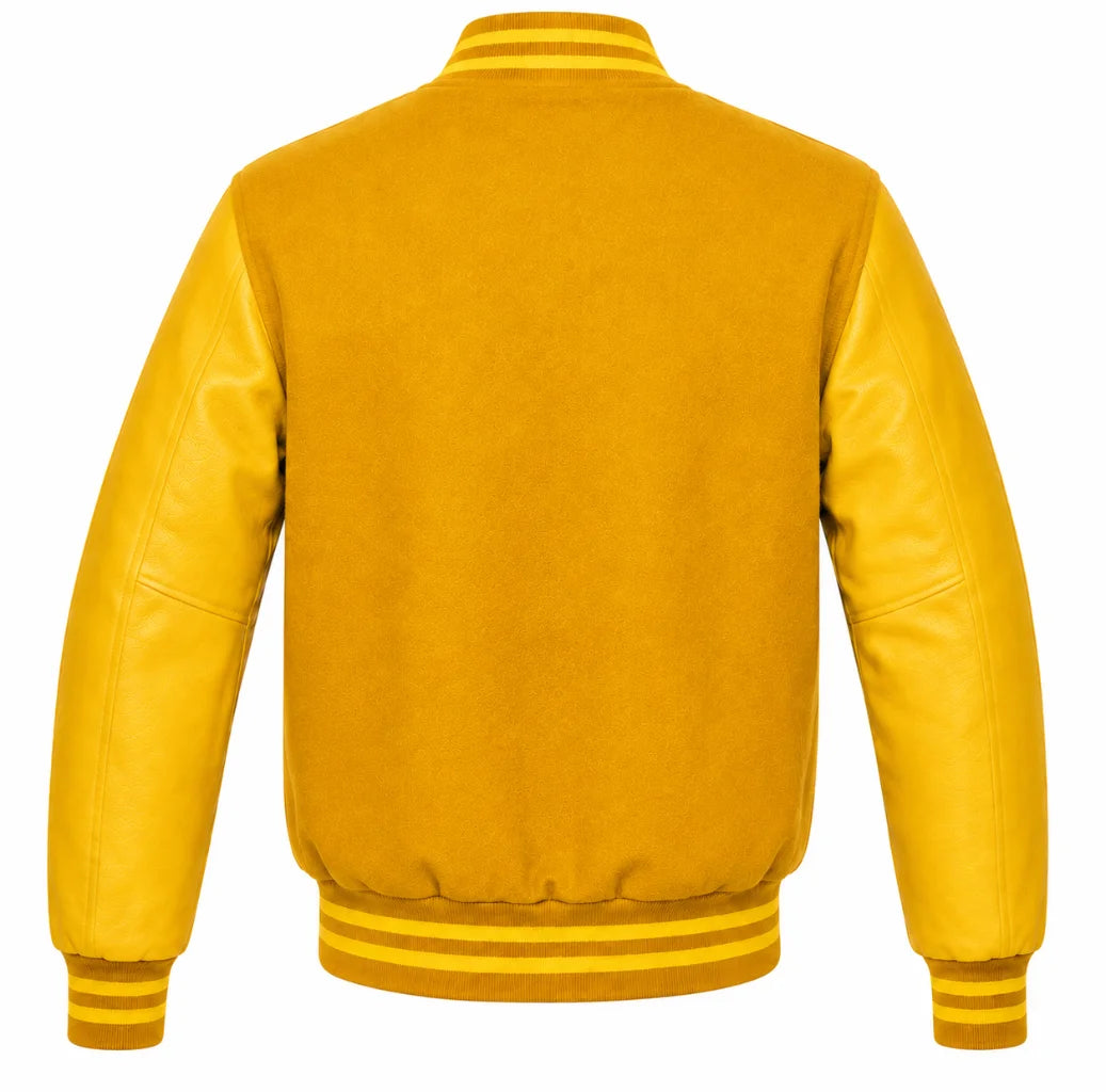 Gold wool varsity jacket with yellow cowhide leather sleeves, back view