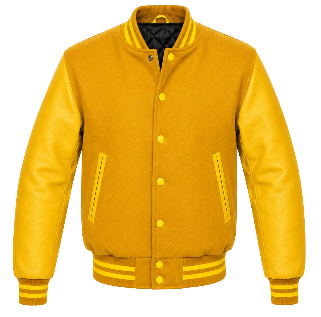 Gold melton wool varsity jacket with yellow leather sleeves, front view