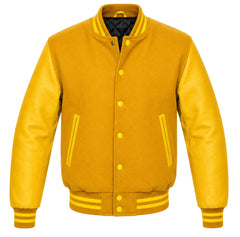 Gold melton wool varsity jacket with yellow leather sleeves, front view