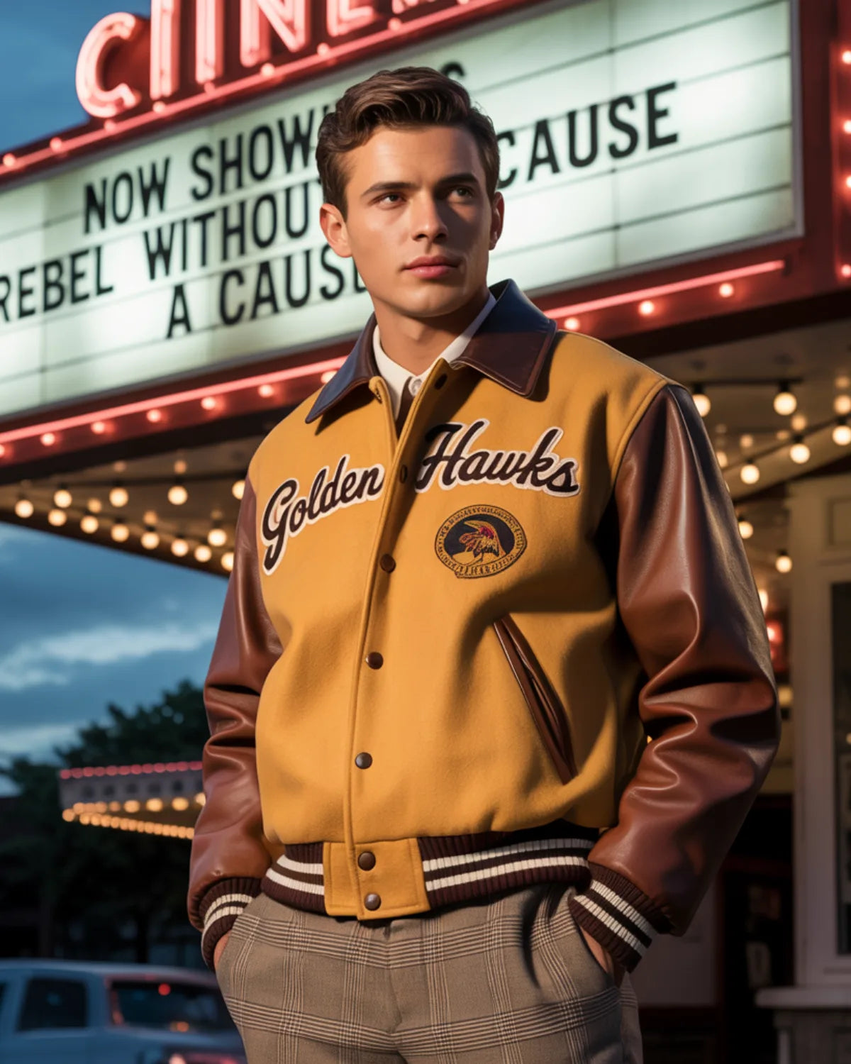 Man wearing a 'Golden Hawks' letterman jacket in front of a movie theater marquee.