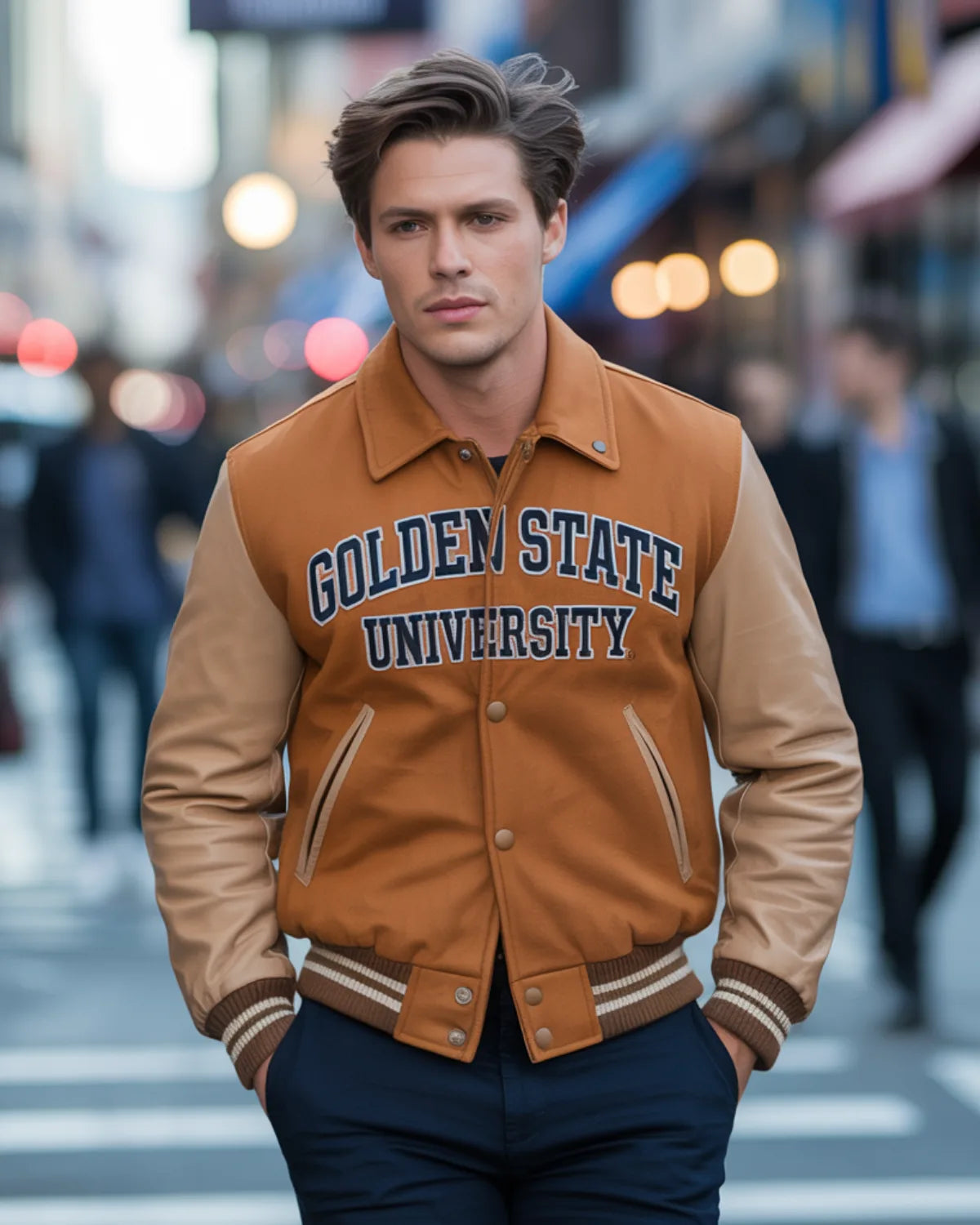 Man wearing a 'Golden State University' jacket on a city street.