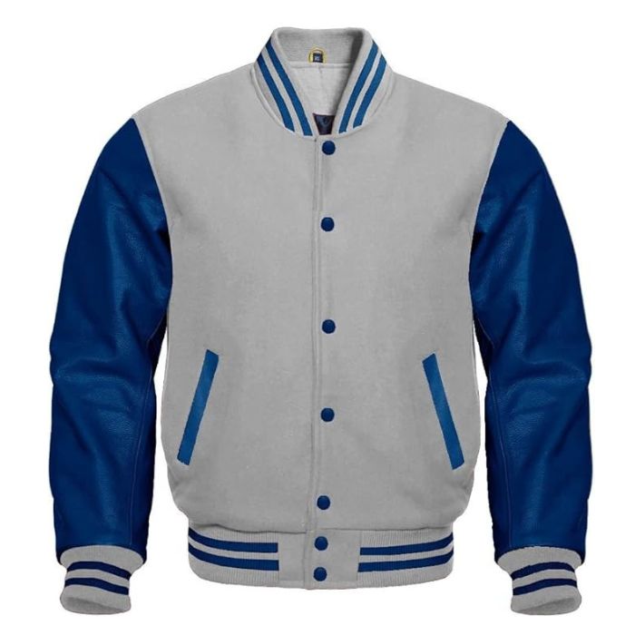 Grey and Blue Varsity Jacket - Grey Wool Body with Blue Leather Sleeves