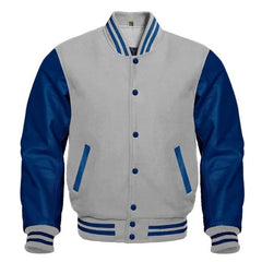 Grey and Blue Varsity Jacket - Grey Wool Body with Blue Leather Sleeves