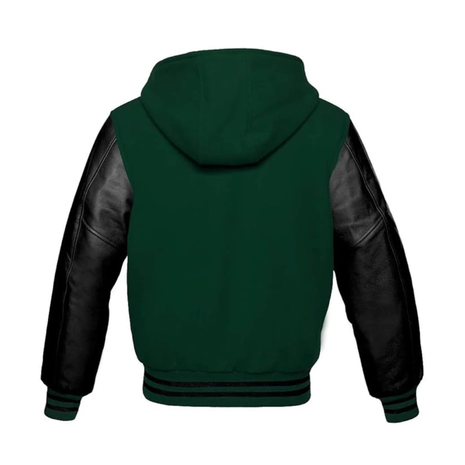 Green Wool and Black Leather Hooded Varsity Jacket Back Side