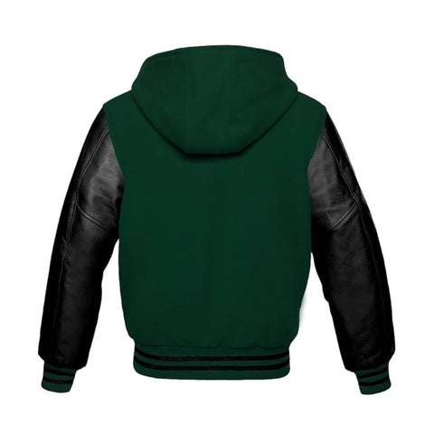 Green Wool and Black Leather Hooded Varsity Jacket Back Side