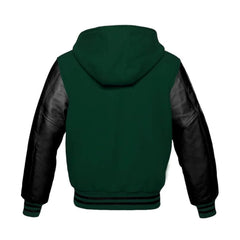 Green Wool and Black Leather Hooded Varsity Jacket Back Side