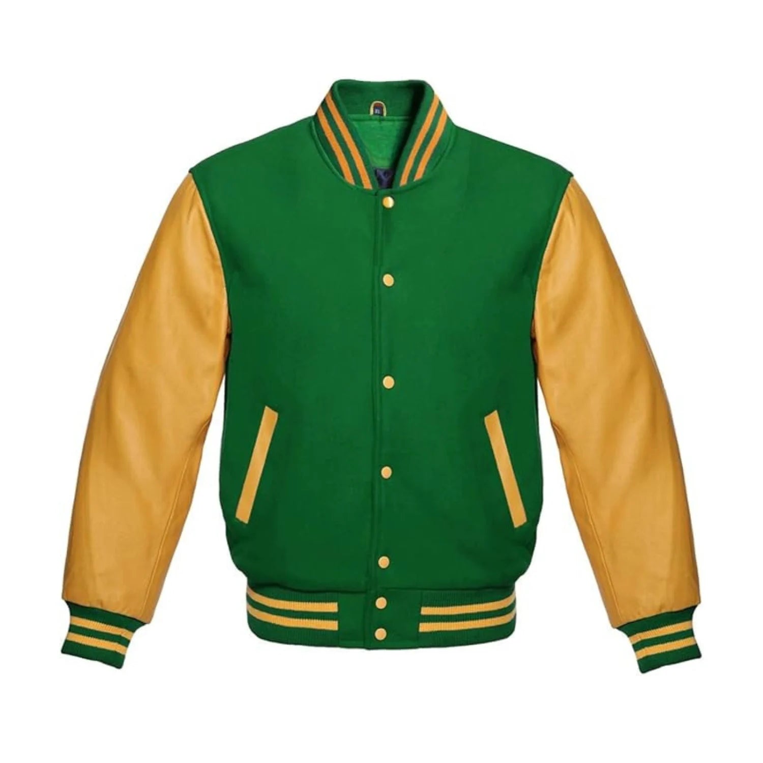 Green Wool and Gold Leather Varsity Jacket