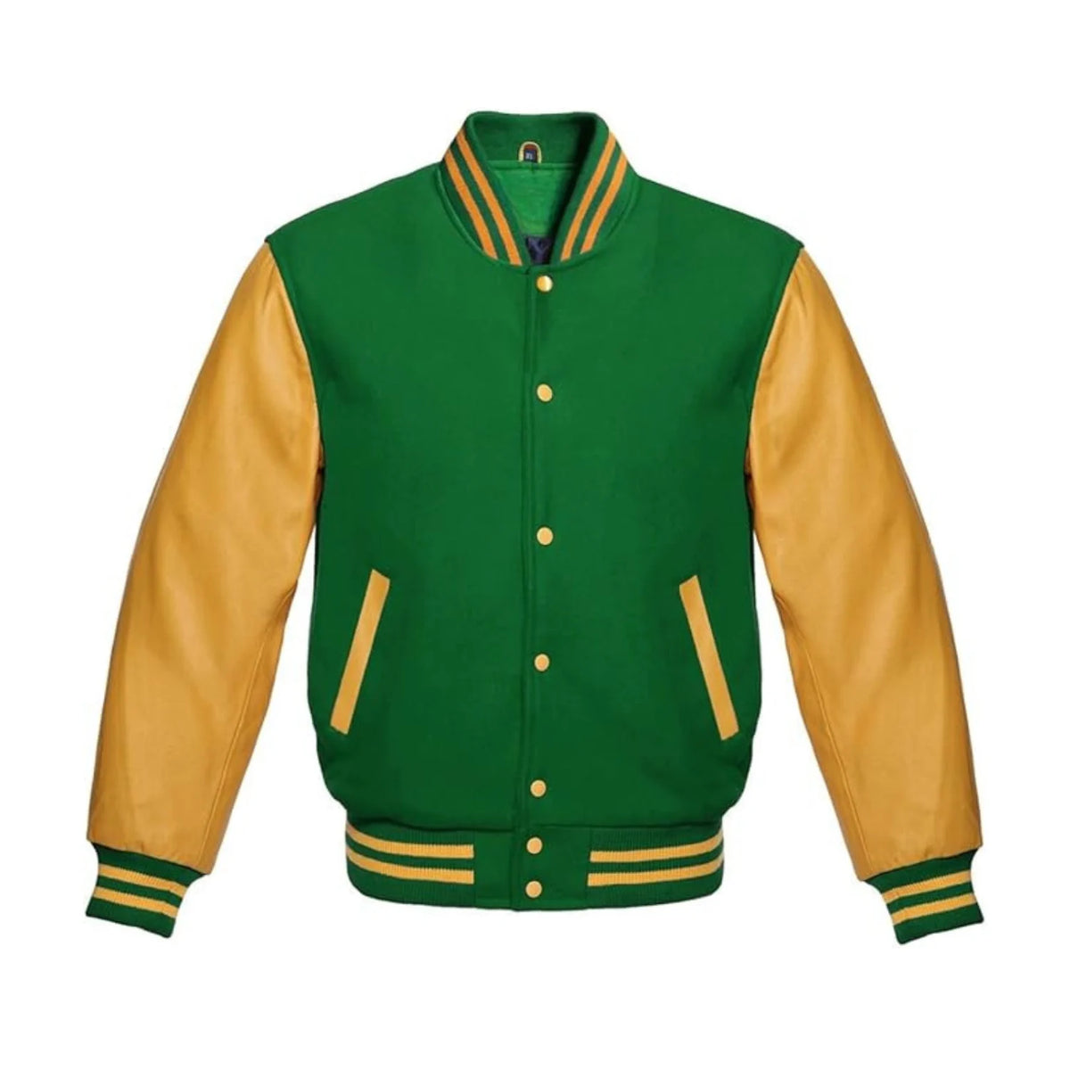 Green Wool and Gold Leather Varsity Jacket