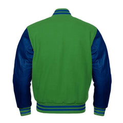 Green and Navy Varsity Jacket with Wool Body and Leather Sleeves Back Side