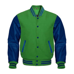 Green and Navy Varsity Jacket with Wool Body and Leather Sleeves