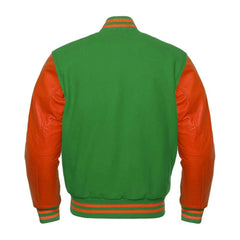 Green and Orange Varsity Jacket with Wool Body and Leather Sleeves Back Side