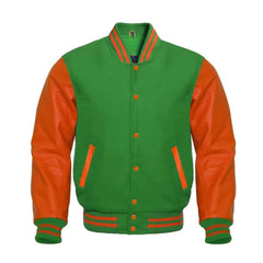 Green and Orange Varsity Jacket with Wool Body and Leather Sleeves