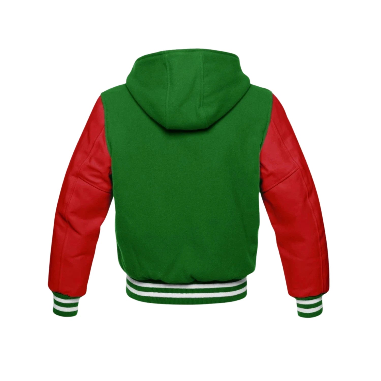 Green Wool and Red Leather Hooded Varsity Jacket Back Side