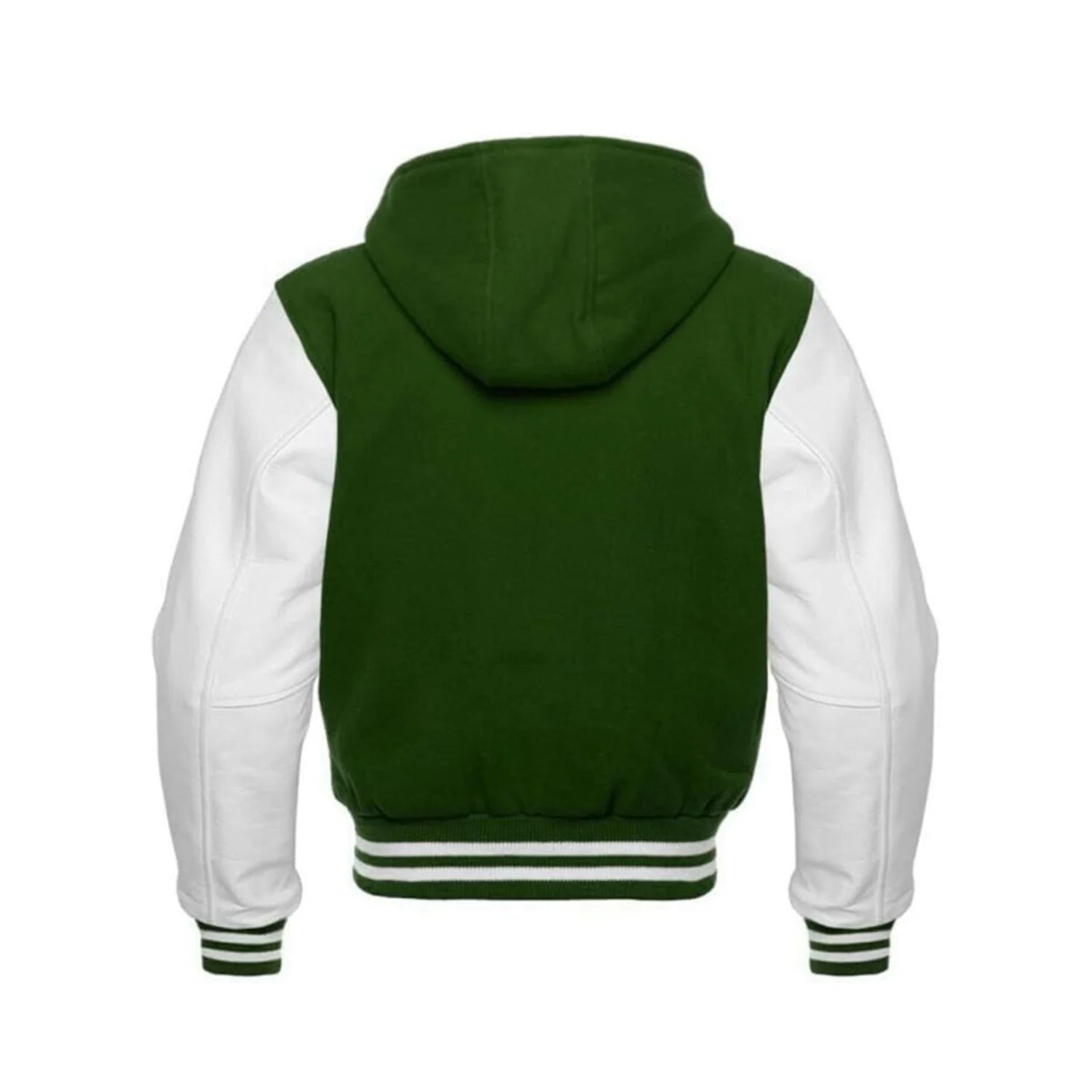 Green Wool and White Leather Hooded Varsity Jacket Back Side