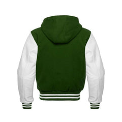 Green Wool and White Leather Hooded Varsity Jacket Back Side