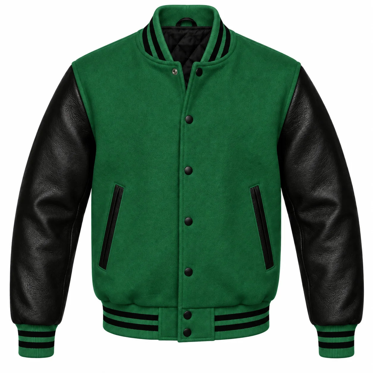Green and Black Varsity Jacket with Wool Body and Leather Sleeves