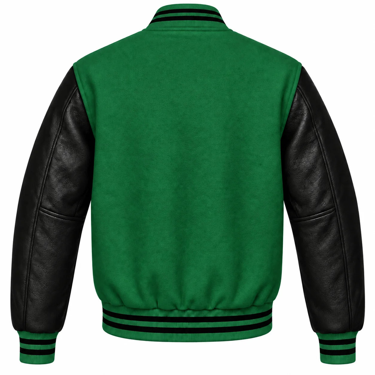 Green and Black Varsity Jacket with Wool Body and Leather Sleeves Back View