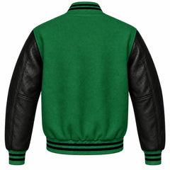 Green and Black Varsity Jacket with Wool Body and Leather Sleeves Back View